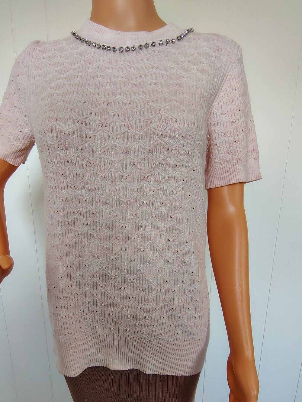 Elle Pale Pink Short-Sleeve Knit Top with Embellished Neckline